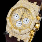 Yellow Gold Dial Brown Leather Strap Watch Moissanite Diamond Close Up Dial View