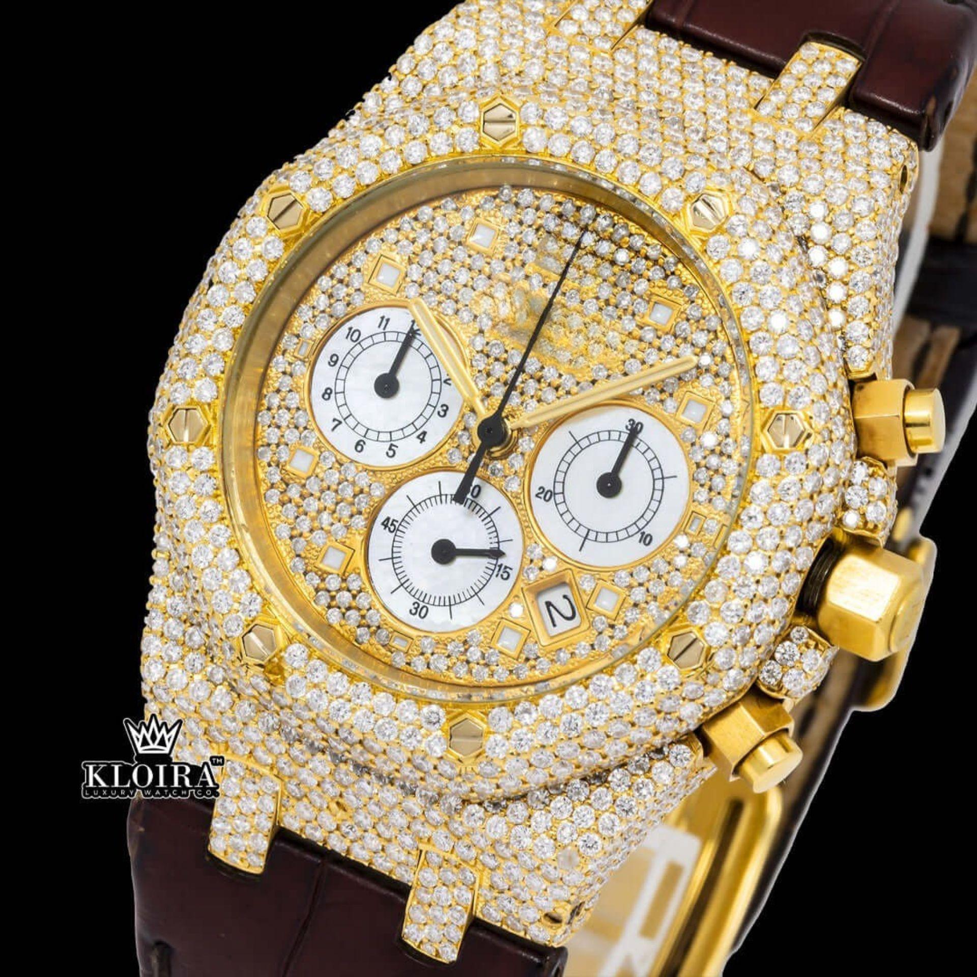 Yellow Gold Dial Brown Leather Strap Watch Moissanite Diamond Close Up Dial View