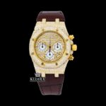 Yellow Gold Dial Brown Leather Strap Moissanite Watch
