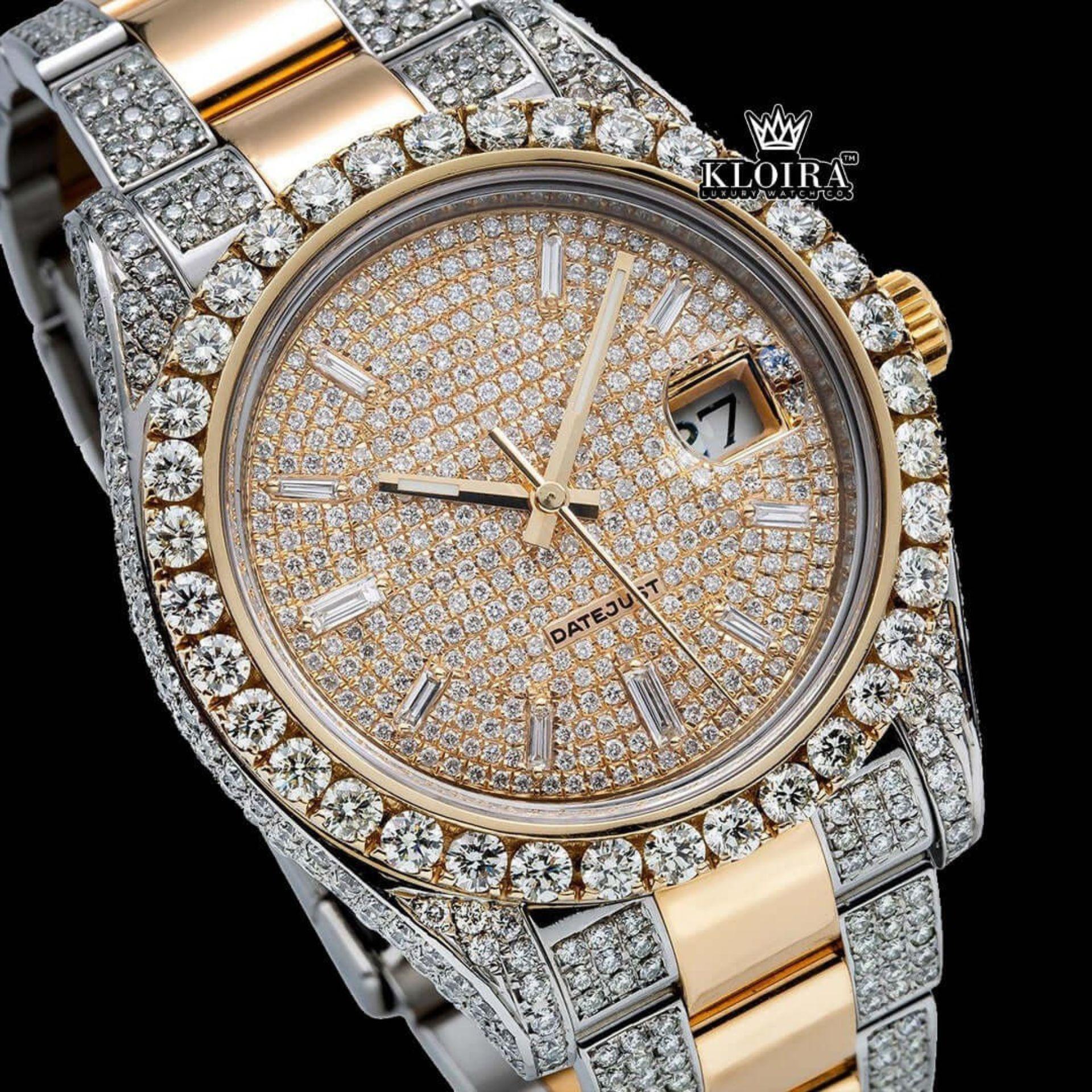 Yellow Gold Dial Diamond Markers Moissanite Diamond Watch Close Up Dial View