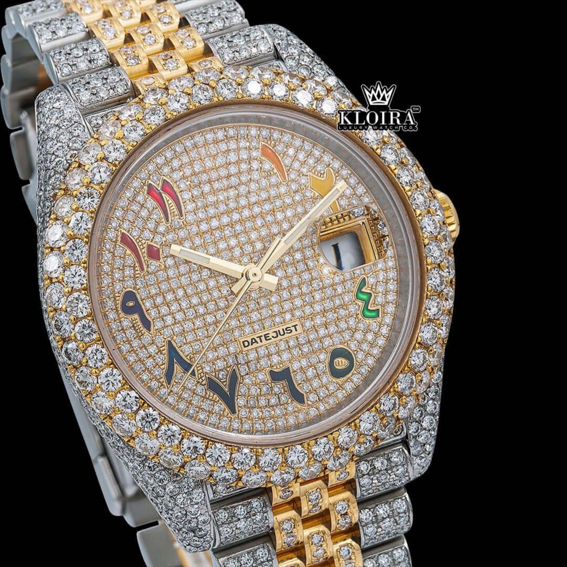 Yellow Gold Dial Rainbow Arabic Numerals Moissanite Diamond Watch Close Up Dial View