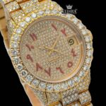 Yellow Gold Dial Red Arabic Numerals Iced Out Moissanite Watch Close Up Dial View
