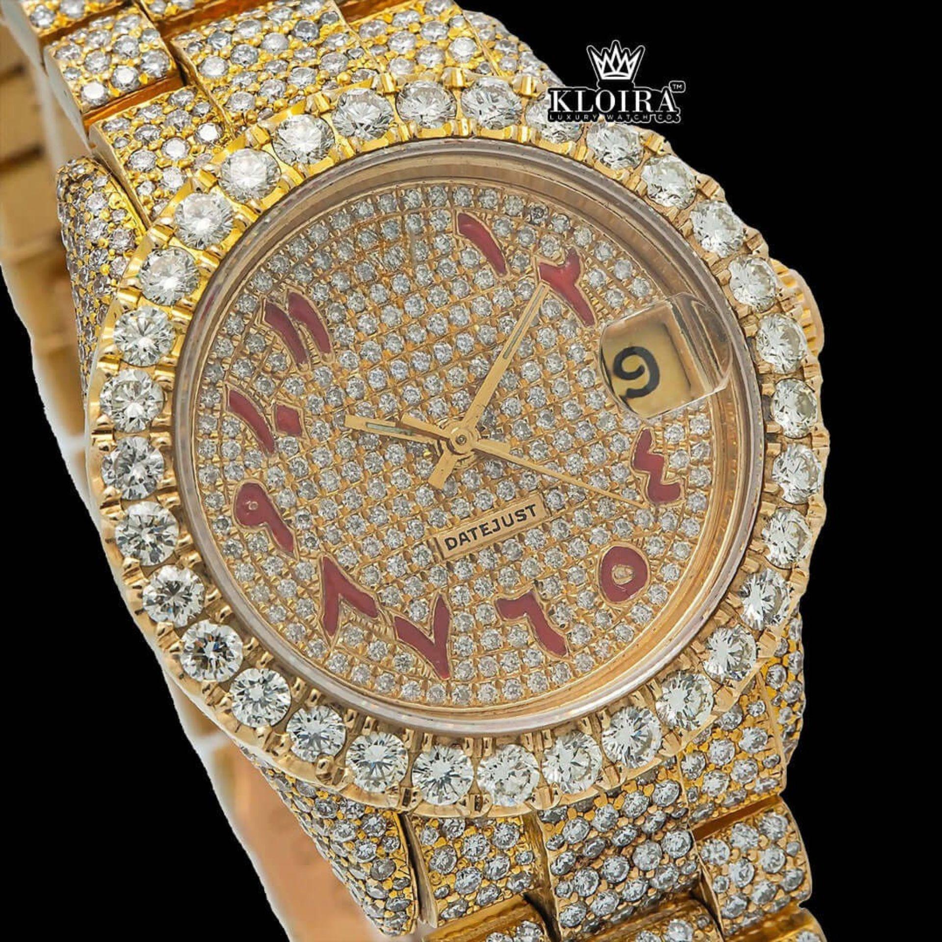 Yellow Gold Dial Red Arabic Numerals Iced Out Moissanite Watch Close Up Dial View