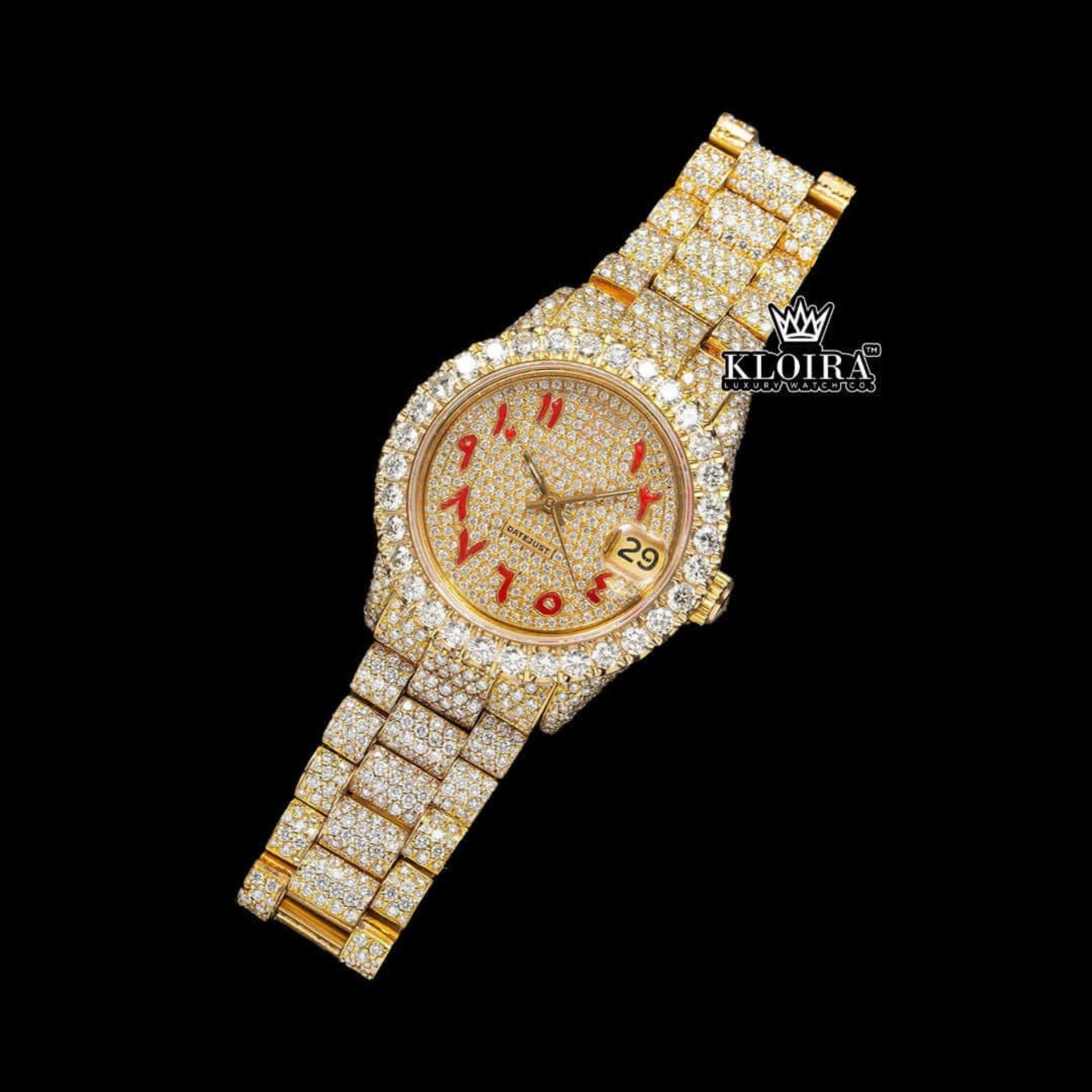 Yellow Gold Dial Red Arabic Numerals Iced Out Moissanite Watch Close Up Front View
