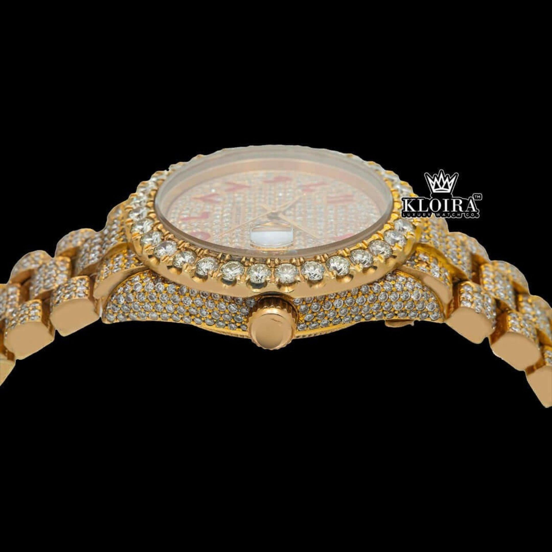 Yellow Gold Dial Red Arabic Numerals Iced Out Moissanite Watch Crown View