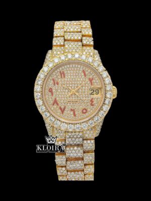 Yellow Gold Dial Red Arabic Numerals Iced Out Moissanite Watch