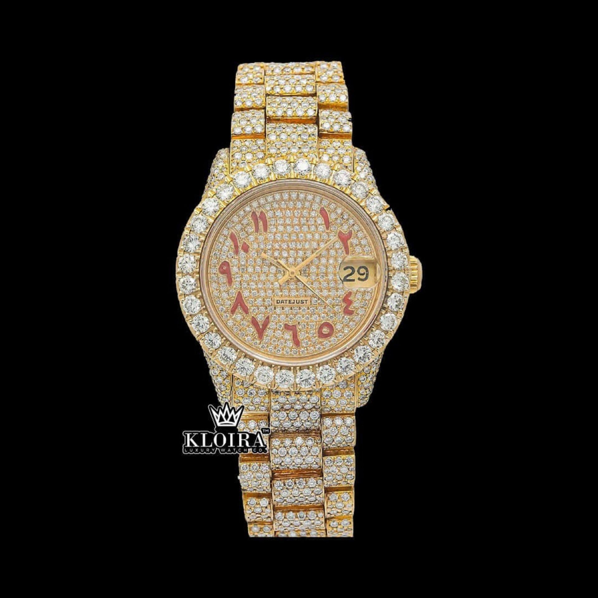 Yellow Gold Dial Red Arabic Numerals Iced Out Moissanite Watch Front View
