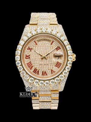 Yellow Gold Dial Red Roman Numerals Moissanite Diamond Watch