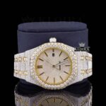 Yellow Gold Dial Two Tone Fully Iced Out Moissanite Watch Close Up Front View