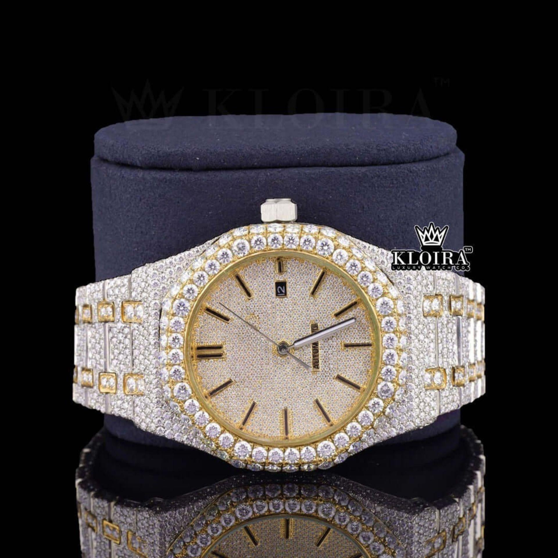 Yellow Gold Dial Two Tone Fully Iced Out Moissanite Watch Close Up Front View