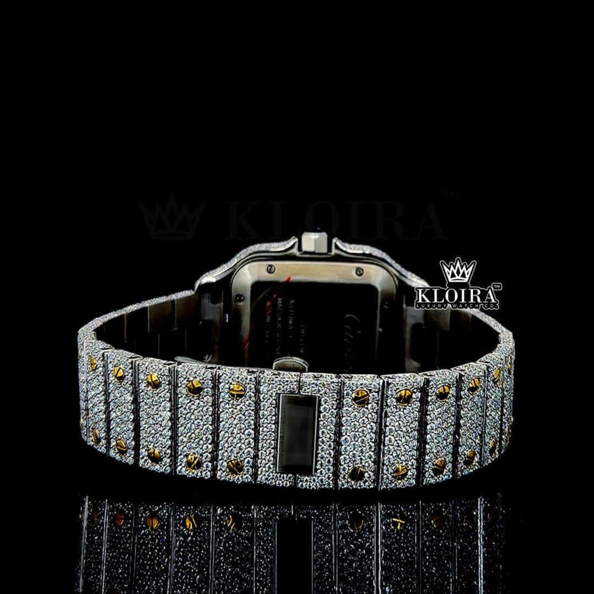 Yellow Gold Roman Dial Two Tone Iced Out Moissanite Diamond Watch Caseback View