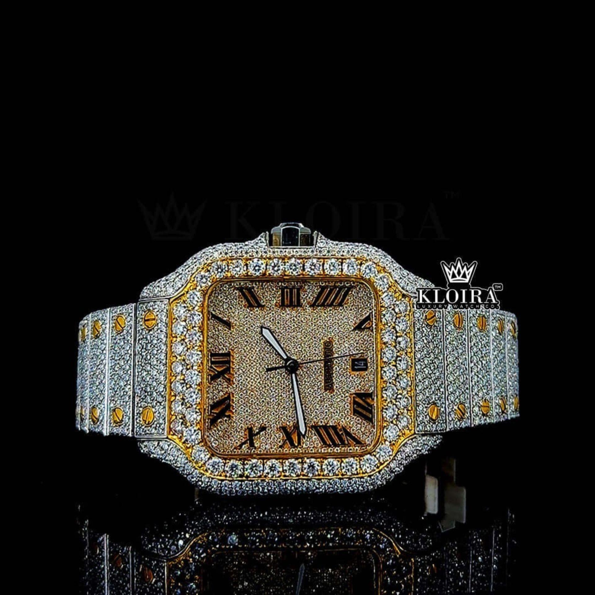Yellow Gold Roman Dial Two Tone Iced Out Moissanite Diamond Watch Front View