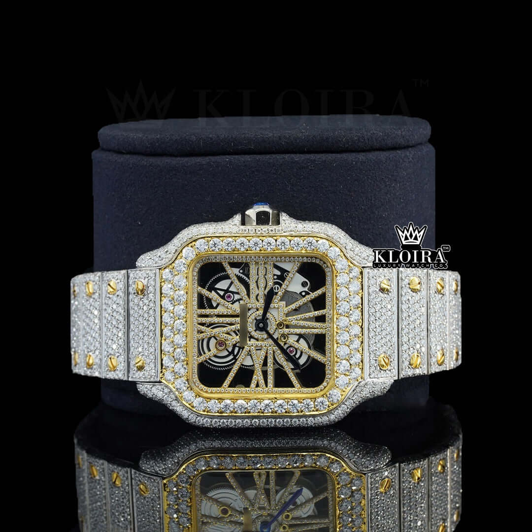 Yellow Gold Skeleton Dial Two Tone Iced Out Lab-Grown Diamond Watch Close Up Front View