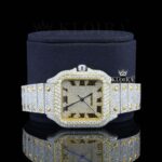 Yellow Gold Square Dial Black Roman Numerals Moissanite Watch Close Up Front View