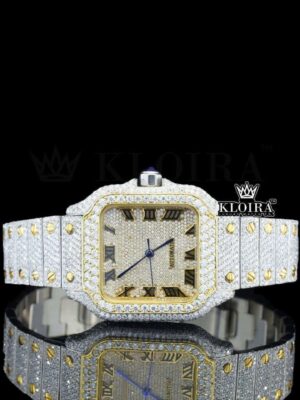 Yellow Gold Square Dial Black Roman Numerals Moissanite Watch