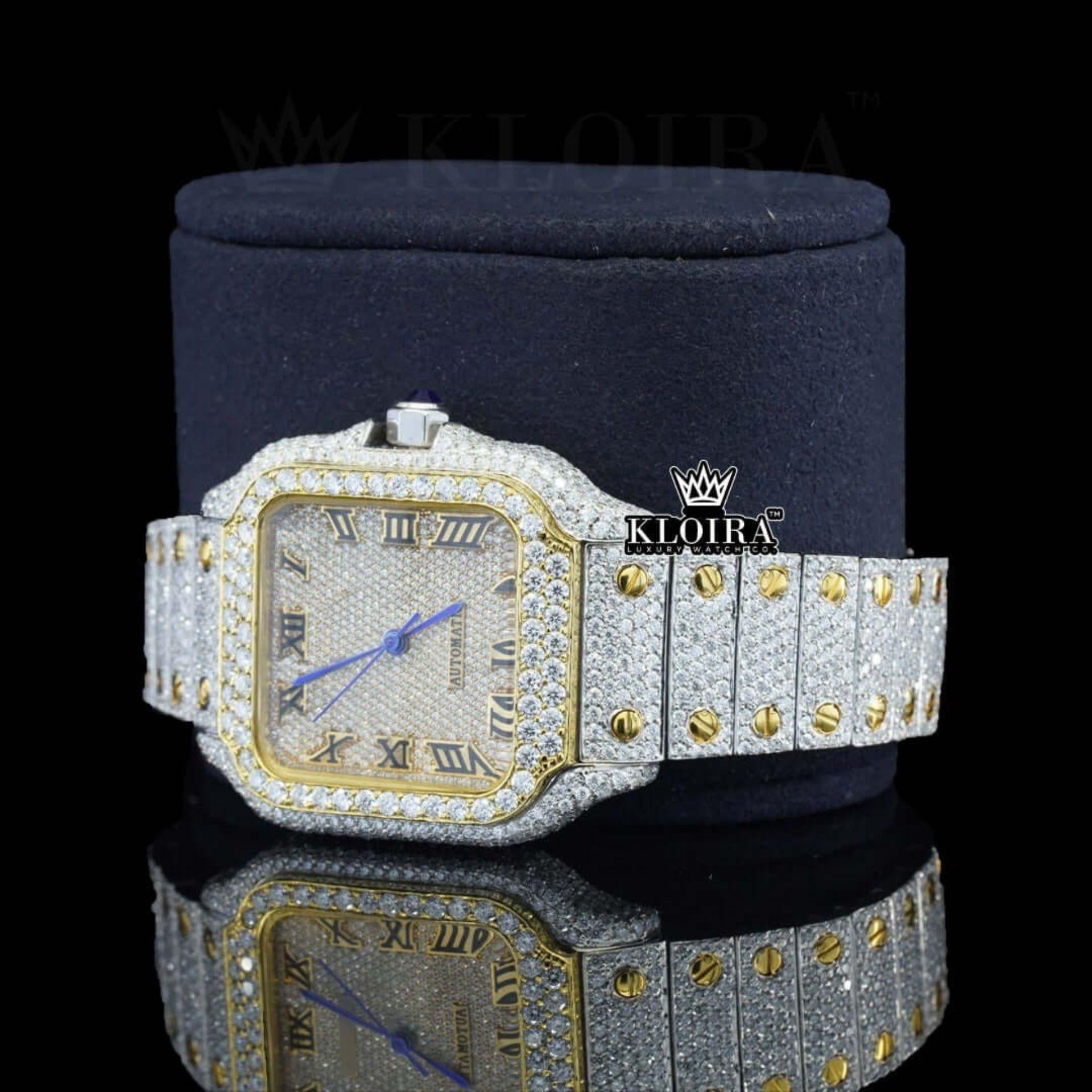 Yellow Gold Square Dial Black Roman Numerals Moissanite Watch Left Profile View