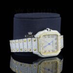 Yellow Gold Square Dial Black Roman Numerals Moissanite Watch Right Profile View