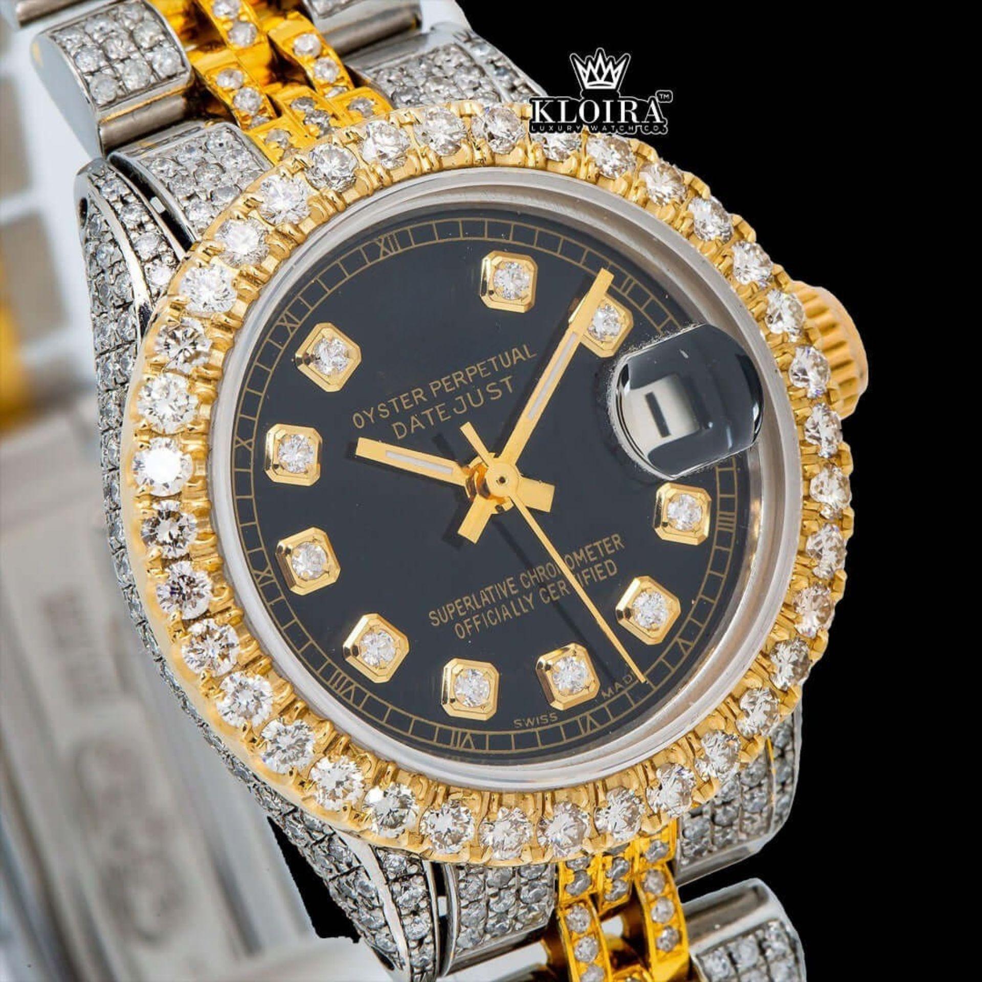 Yellow Gold Two Tone Black Dial Diamond Markers Moissanite Watch Close Up Dial View
