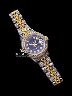 Yellow Gold Two Tone Black Dial Diamond Markers Moissanite Watch
