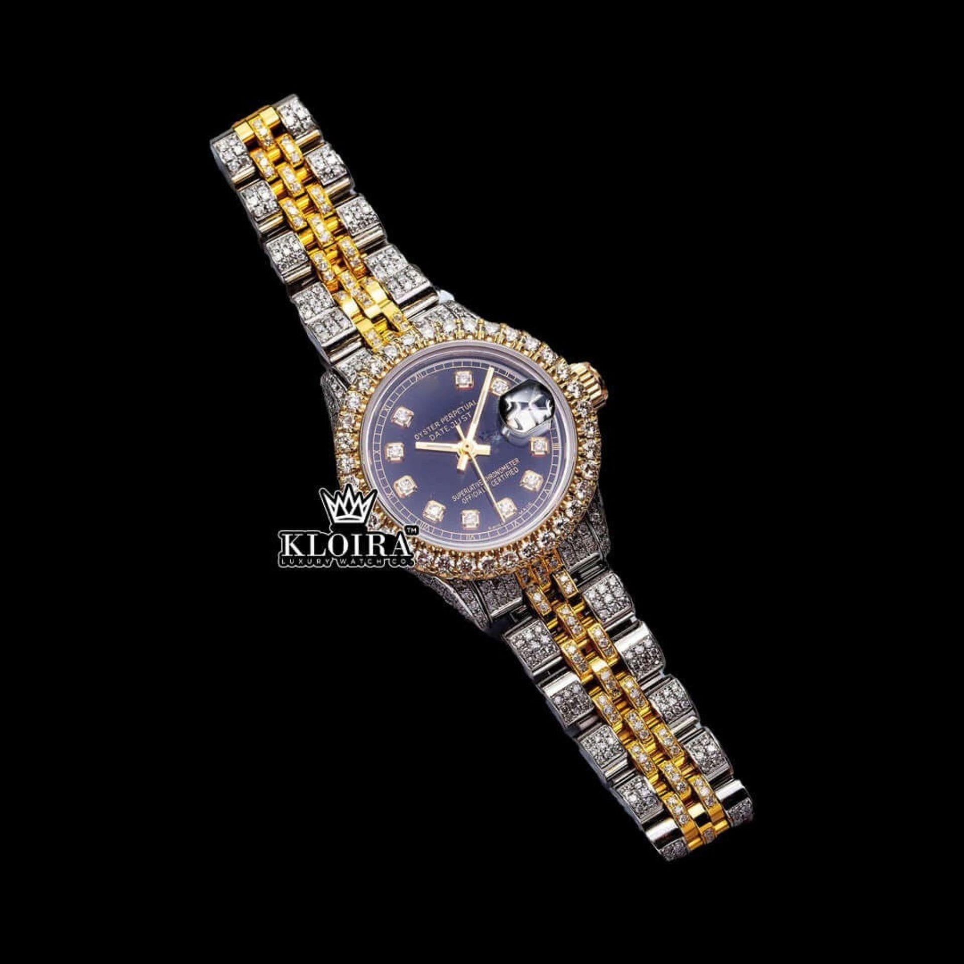 Yellow Gold Two Tone Black Dial Diamond Markers Moissanite Watch Front View