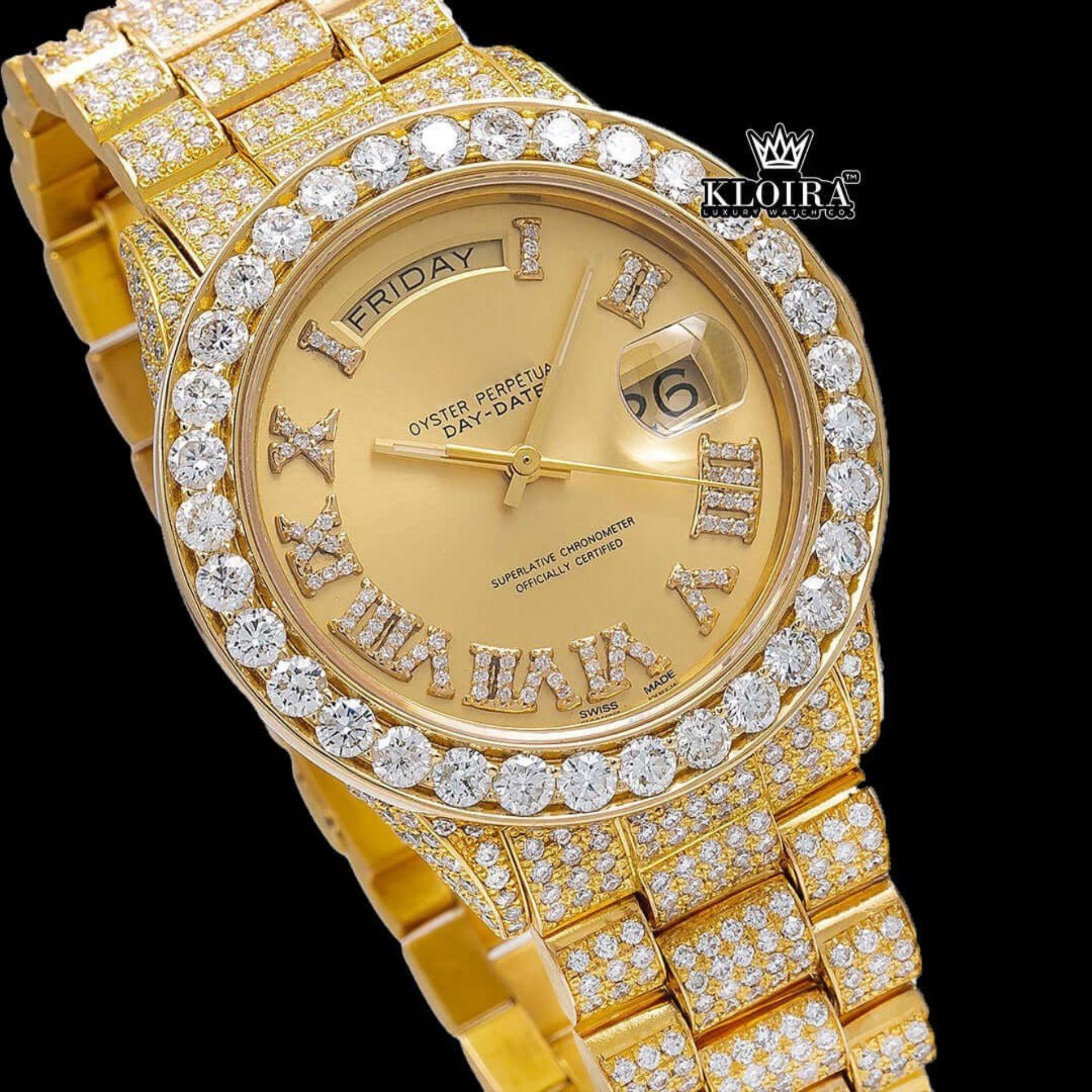 Yellow Roman Dial Day Date Display Iced Out Yellow Gold Moissanite Watch Close Up Dial View