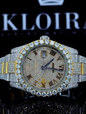 Yellow Roman Dial Two Tone Classic Link Strap Moissanite Watch