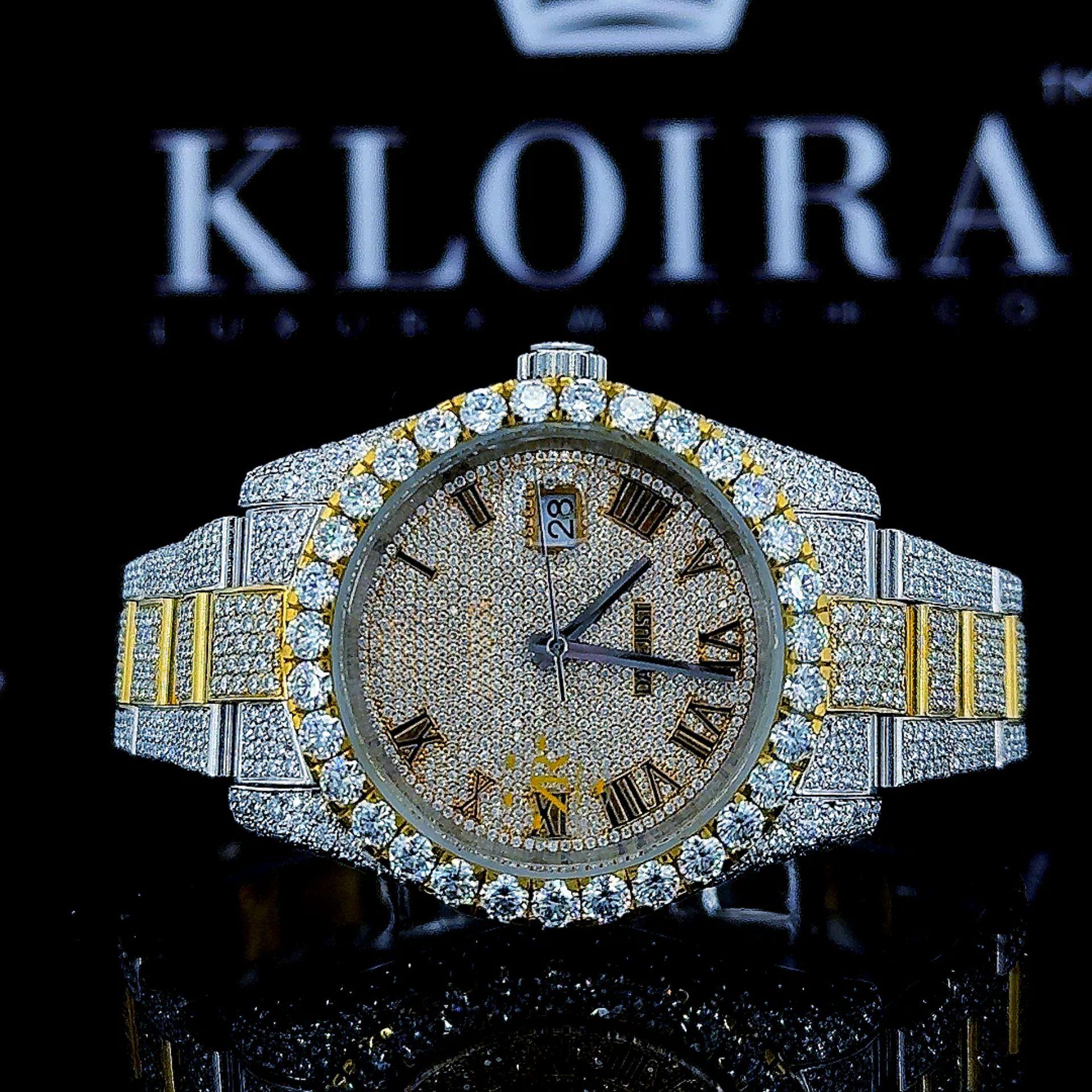 Yellow Roman Dial Two Tone Classic Link Strap Moissanite Watch Front Close View