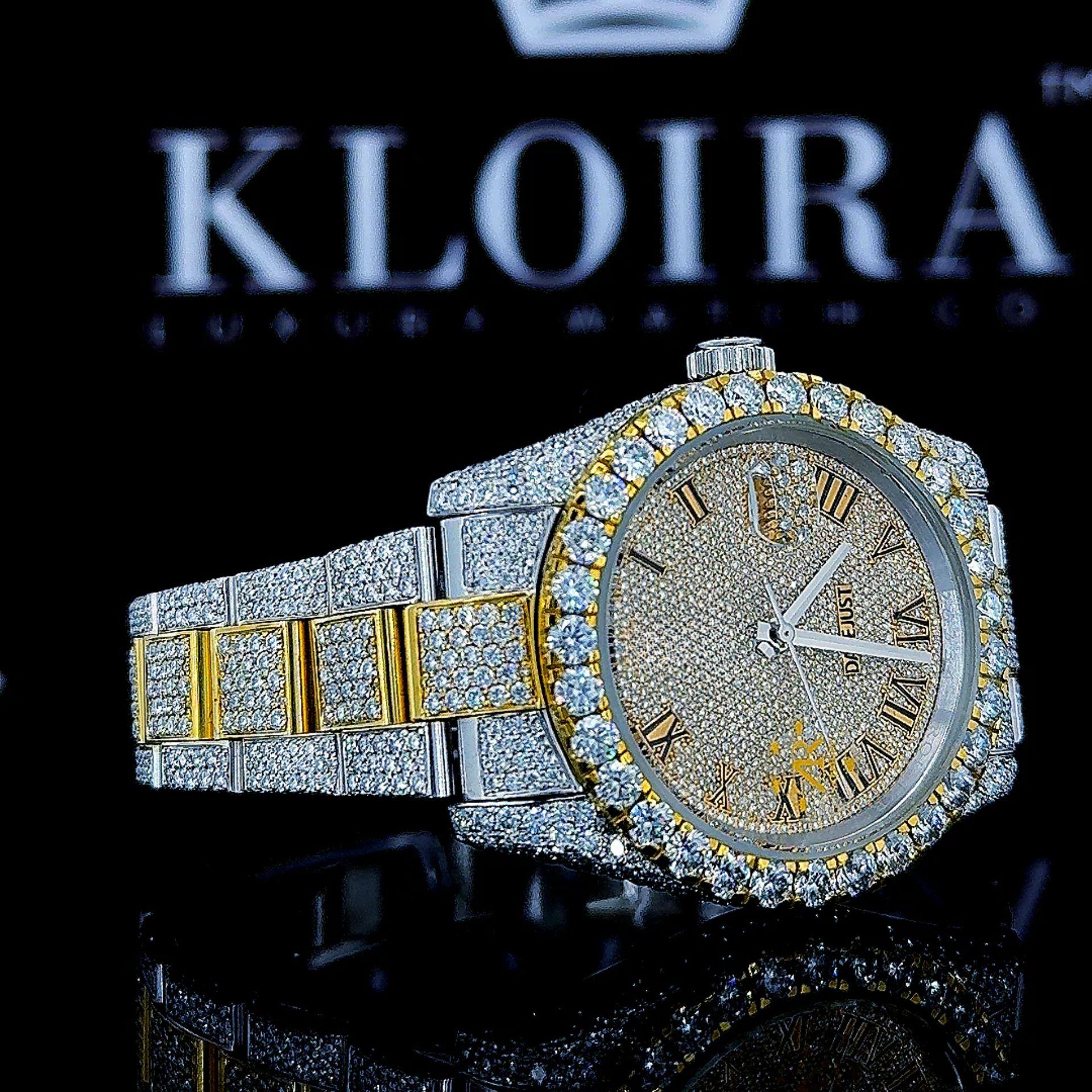Yellow Roman Dial Two Tone Classic Link Strap Moissanite Watch Left Strap View