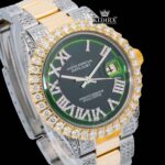 Yellow Roman Numerals Green Dial Two Tone Moissanite Diamond Watch Close Up Dial View