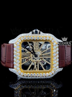 Yellow Skeleton Dial Brown Leather Strap Moissanite Diamond Watch