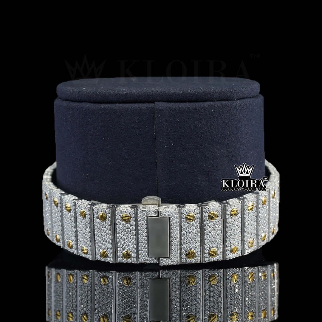 Yellow Skeleton Dial Fully Iced Out Two Tone Moissanite Diamond Watch Bracelet View