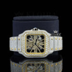 Yellow Skeleton Dial Fully Iced Out Two Tone Moissanite Diamond Watch Front Close Up View