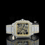 Yellow Skeleton Dial Fully Iced Out Two Tone Moissanite Diamond Watch