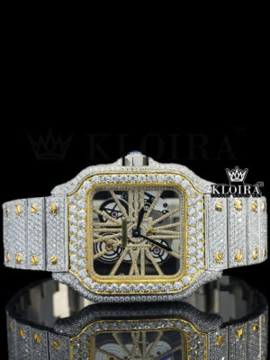 Yellow Skeleton Dial Fully Iced Out Two Tone Moissanite Diamond Watch