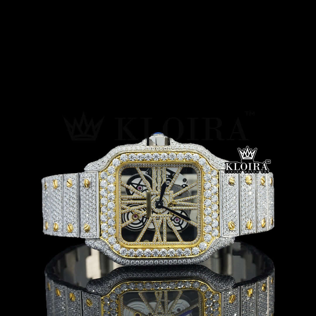 Yellow Skeleton Dial Fully Iced Out Two Tone Moissanite Diamond Watch Front View