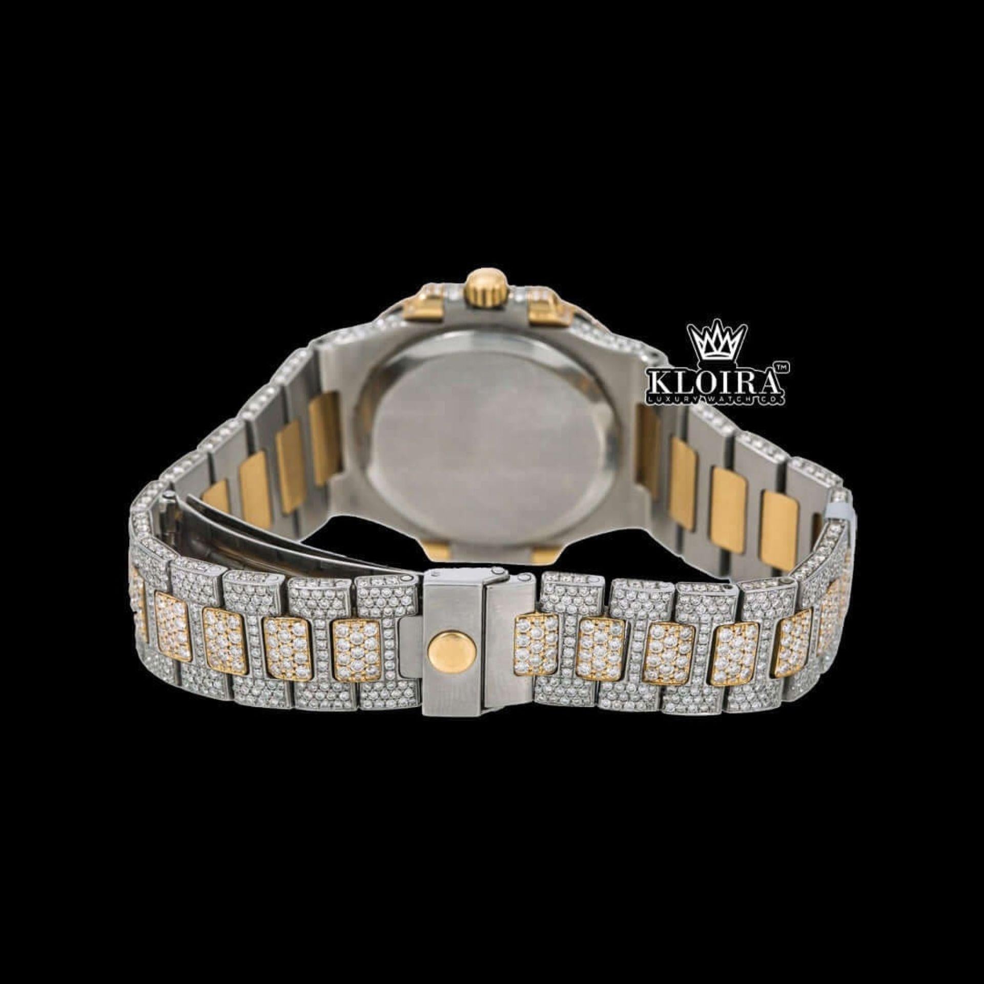 Yellow Stick Markers White Dial Two Tone Iced Out Moissanite Watch Caseback View