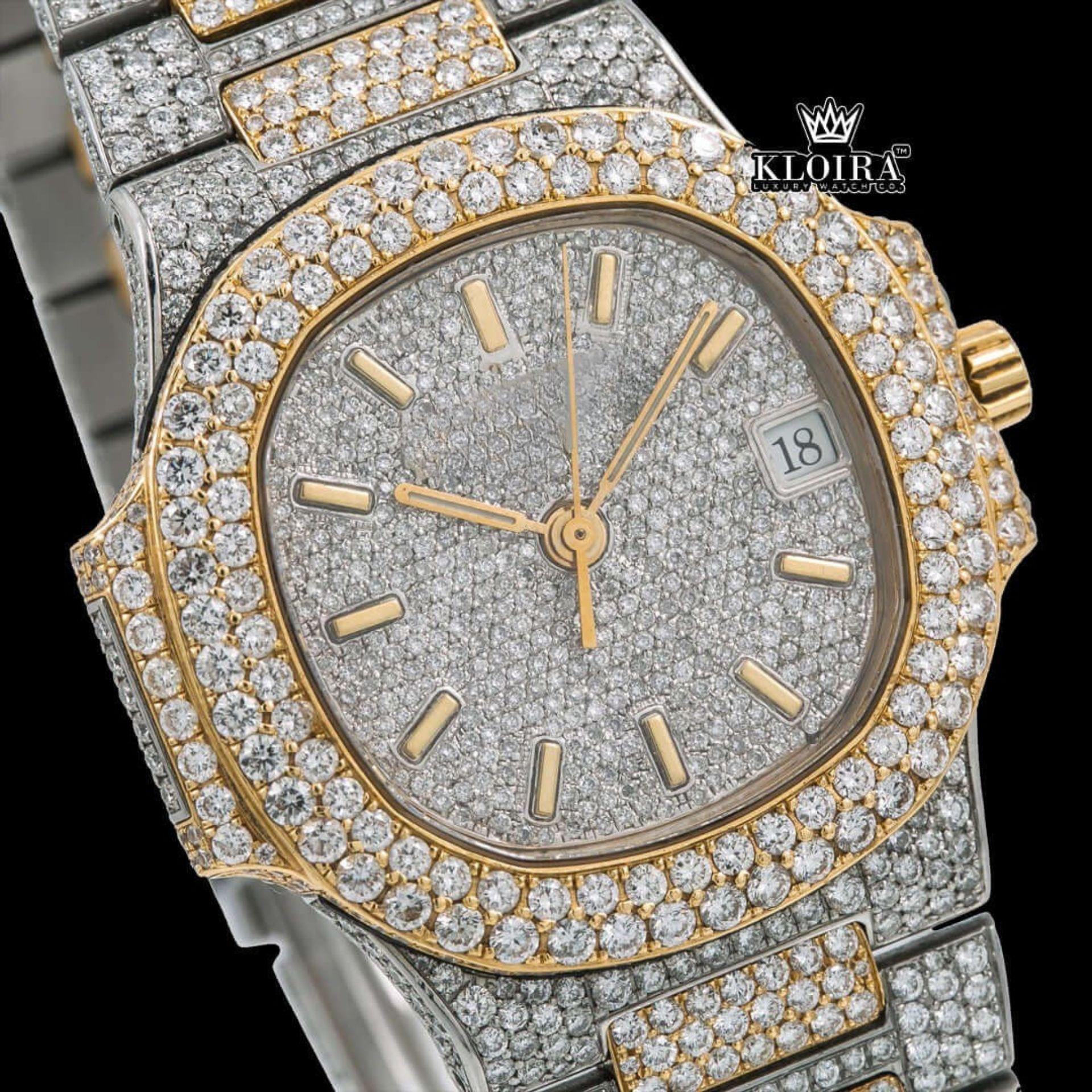 Yellow Stick Markers White Dial Two Tone Iced Out Moissanite Watch Close Up Dial View