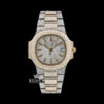 Yellow Stick Markers White Dial Two Tone Iced Out Moissanite Watch