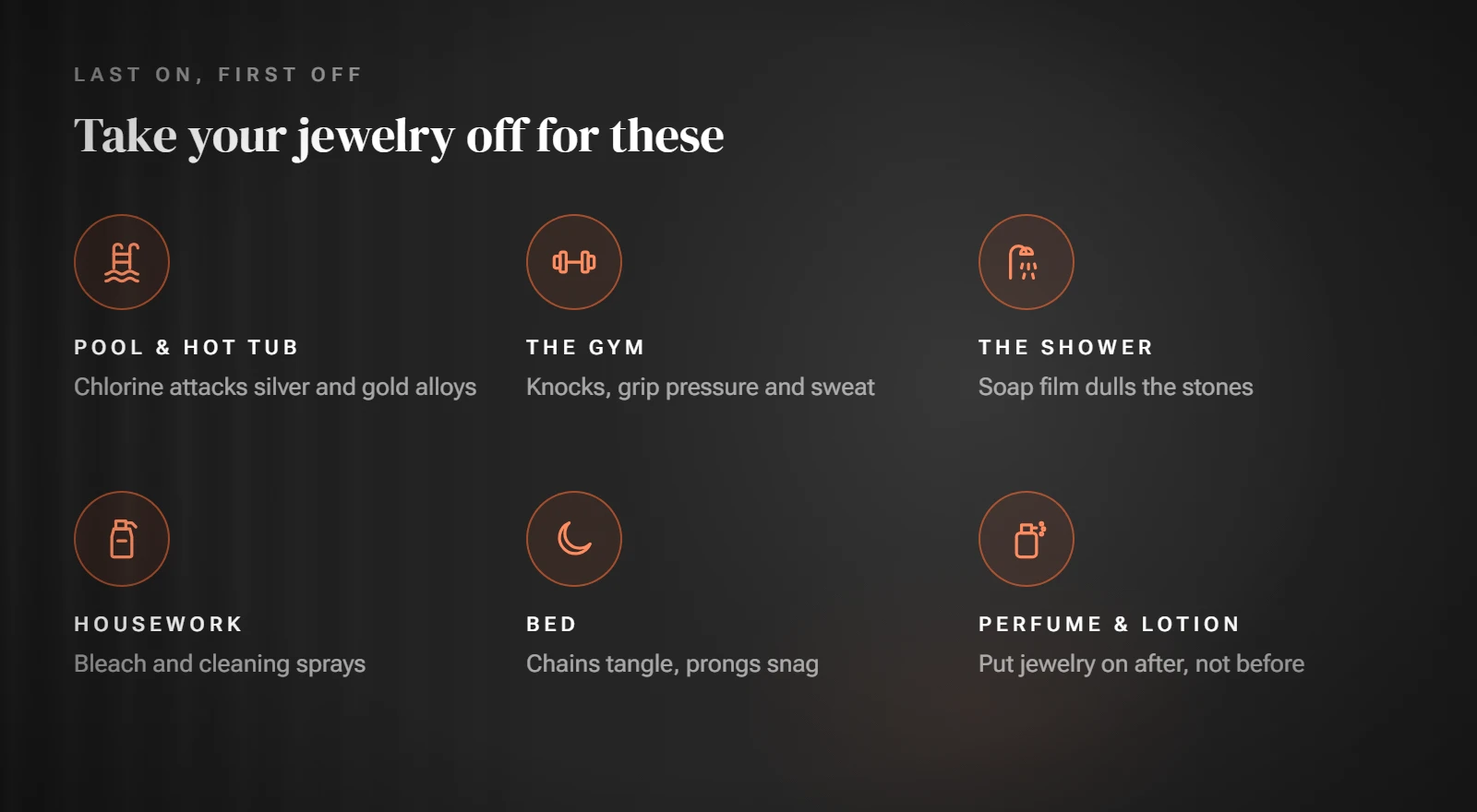 Icons for the pool, gym, shower, housework, bed and perfume
