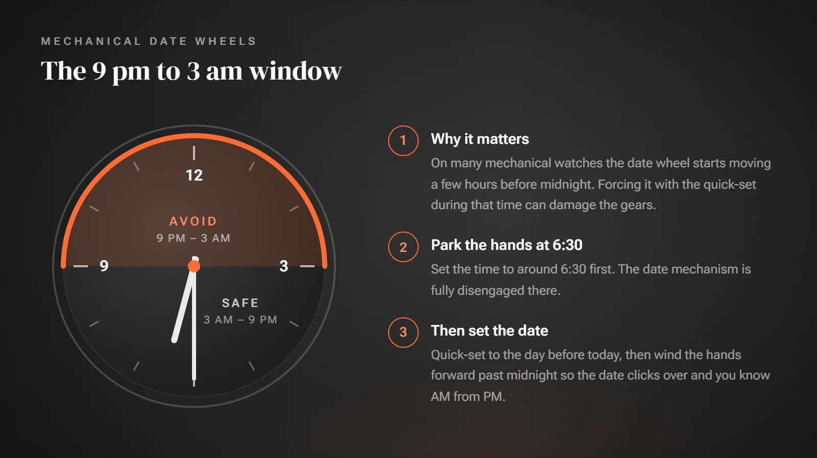 Clock face with the hours from about 9 pm to 3 am shaded and labeled avoid quick-setting the date