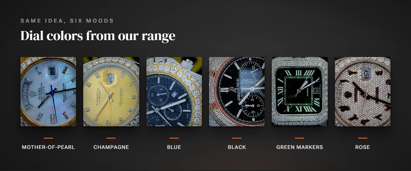 Six KSquare Gems watch dial close-ups labeled mother-of-pearl, champagne, blue, black, green markers and rose