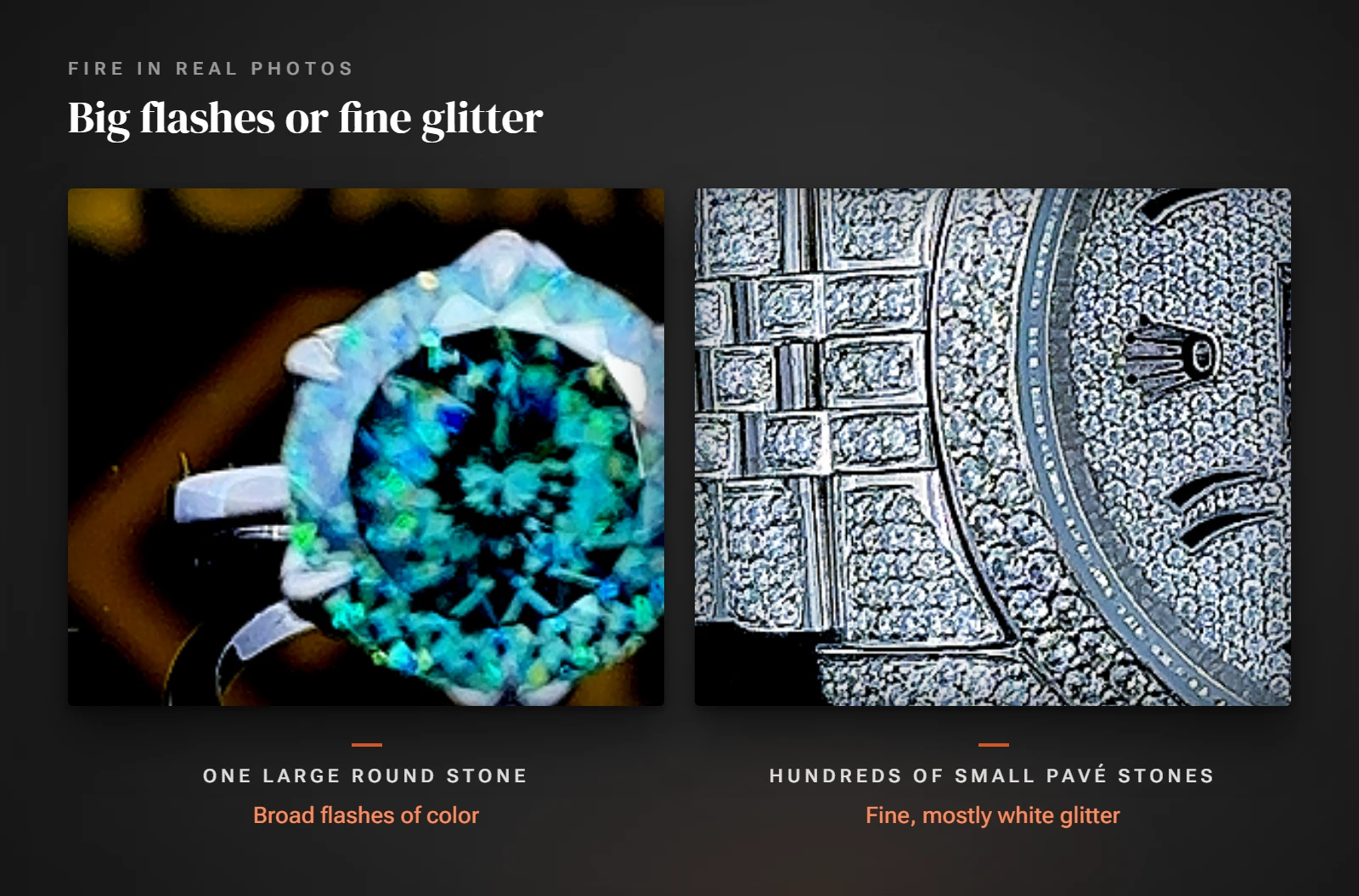 A large round blue-green moissanite in a ring throwing broad flashes of color, next to the small pavé stones of an iced watch