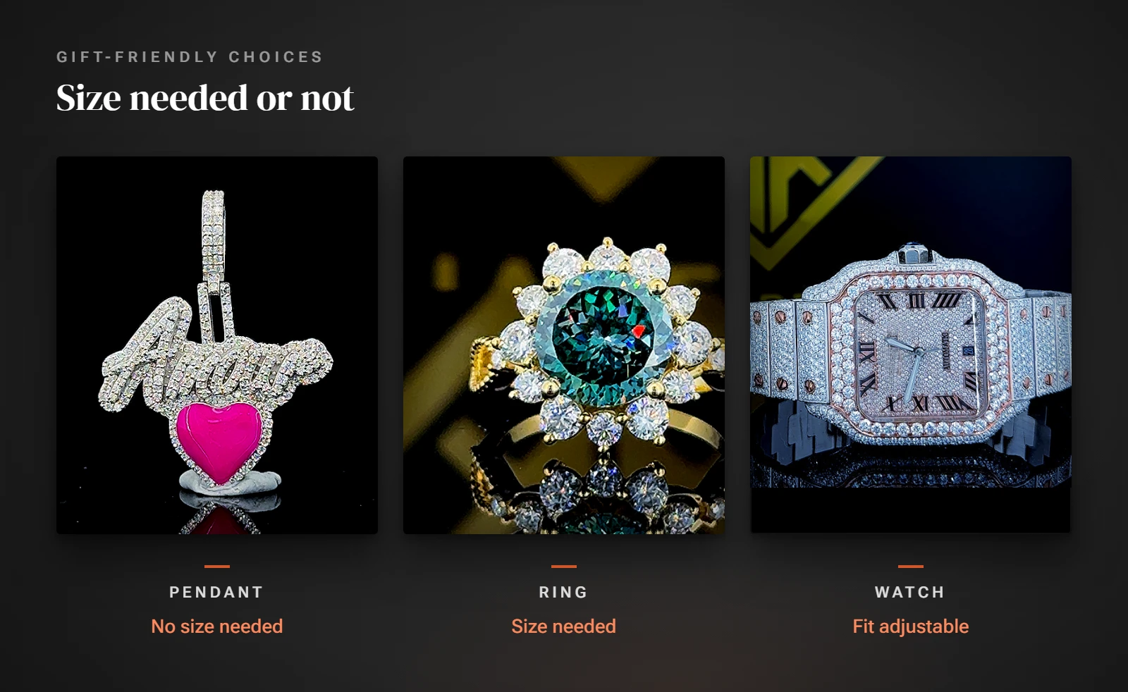 A moissanite pendant, a ring and an iced out watch side by side, labeled No size needed, Size needed and Fit adjustable
