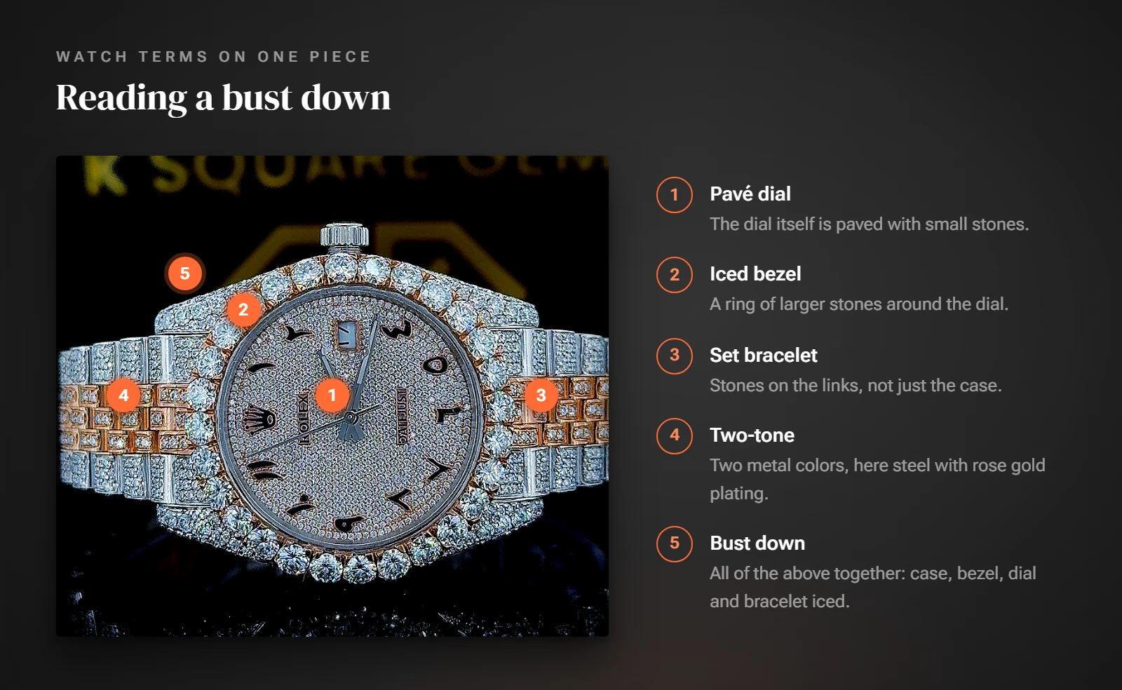 A fully iced two-tone KSquare Gems watch with numbered markers on the pavé dial, iced bezel, set bracelet, two-tone links and iced case