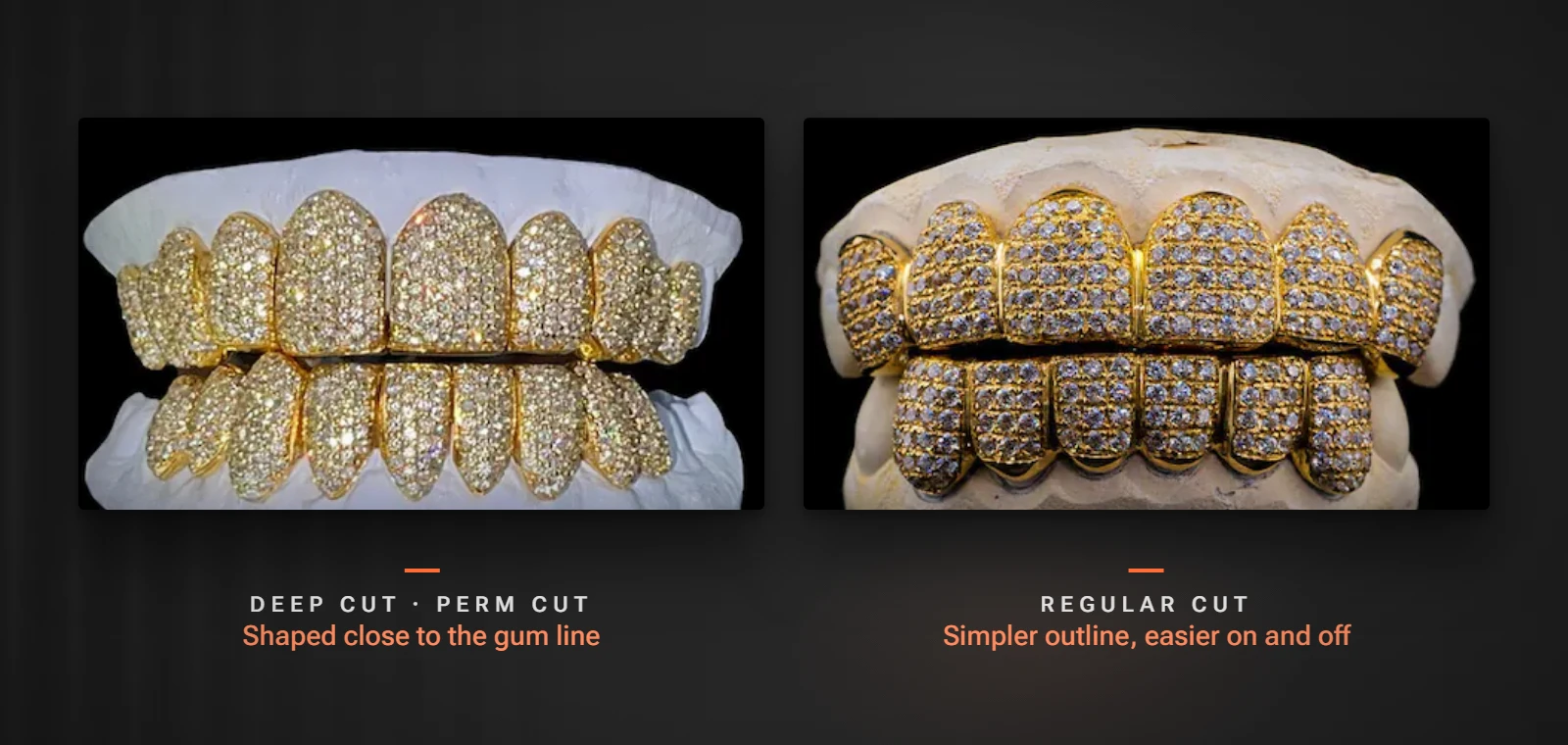Gold-tone grillz in a deep cut and in a regular cut