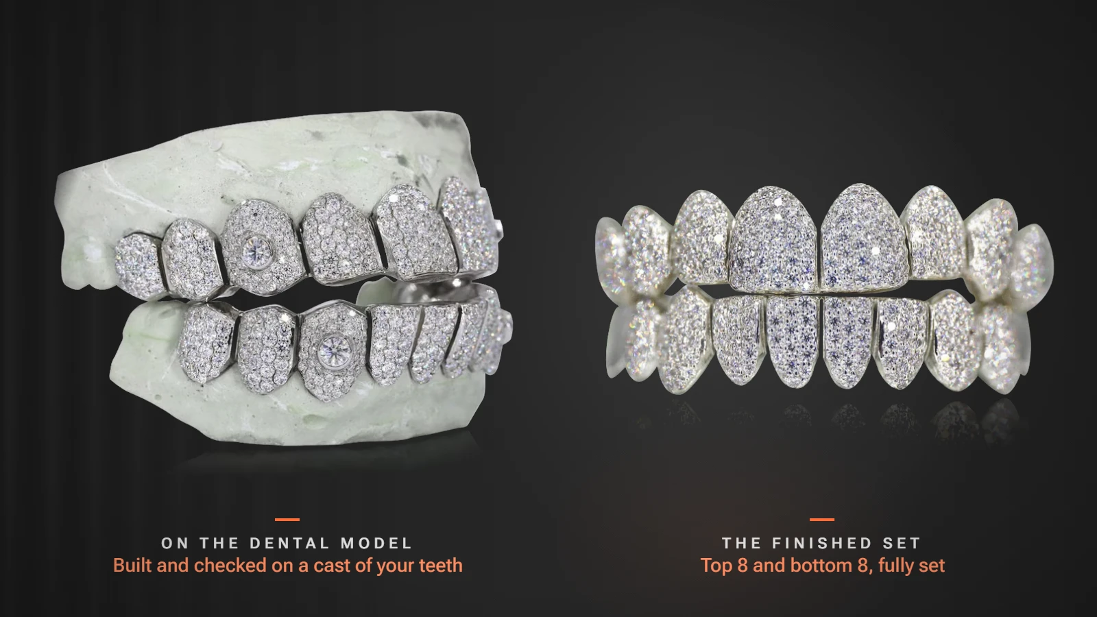 Sterling silver moissanite grillz on a dental stone model, and a finished top and bottom set