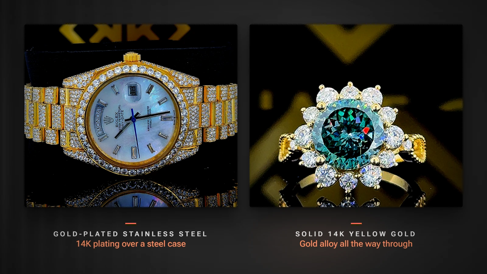 A gold-plated iced-out watch next to a solid 14K yellow gold ring