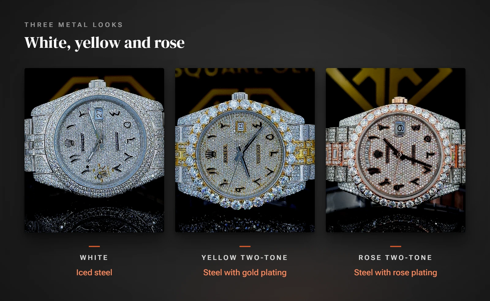 Three KSquare Gems watches side by side, labeled White (iced steel), Yellow two-tone (steel with gold plating) and Rose two-tone (steel with rose plating)