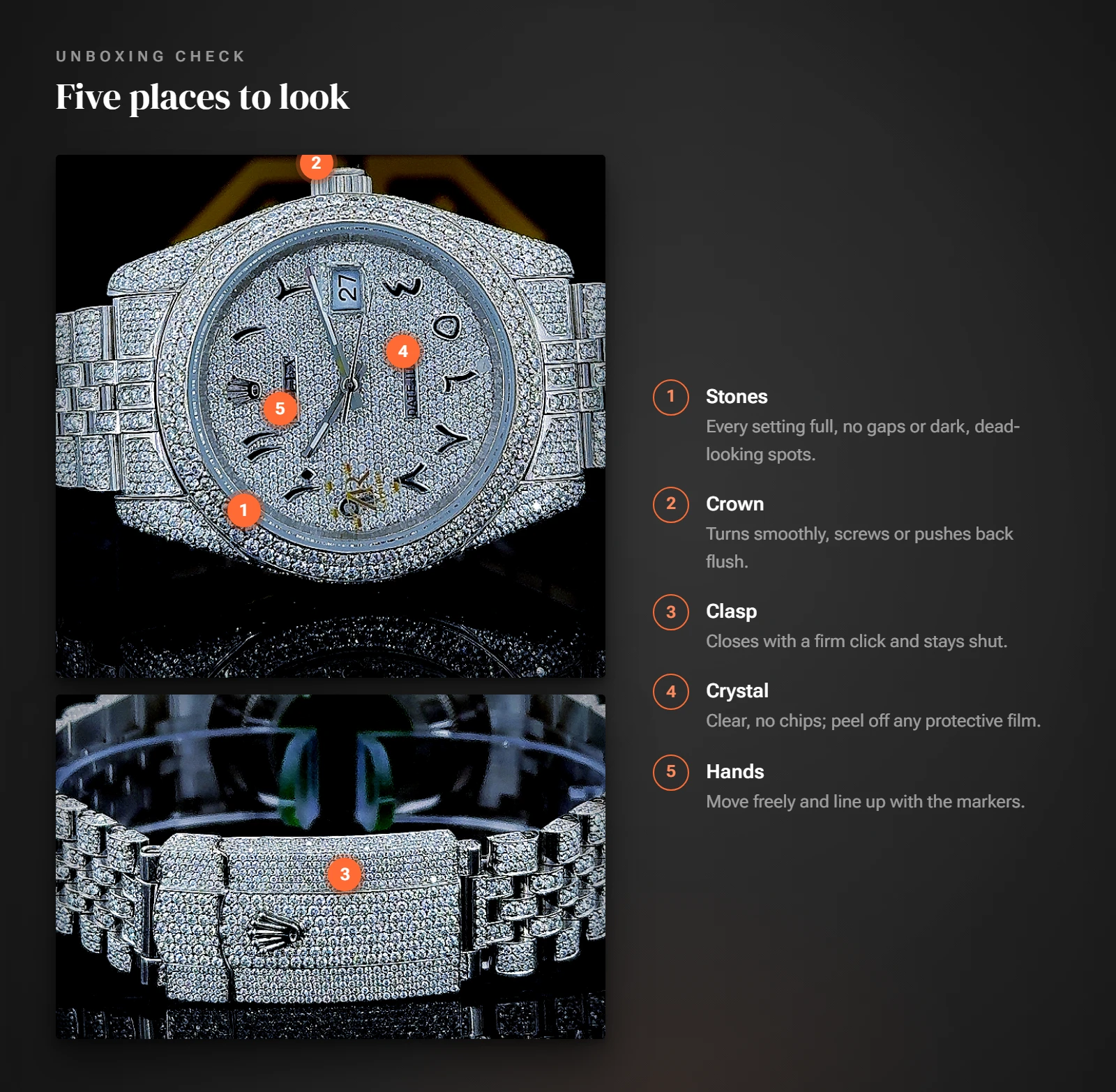 Iced out watch with numbered markers on the stones, crown, clasp, crystal and hands