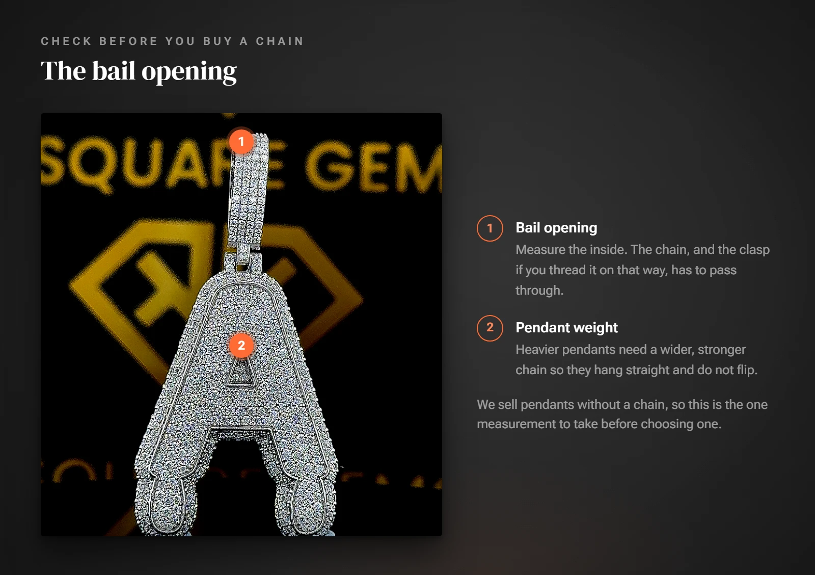 KSquare Gems moissanite pendant with numbered markers on the bail opening and the pendant body, with notes that the chain, and its clasp if threaded through, must pass the bail and that heavier pendants need a wider chain